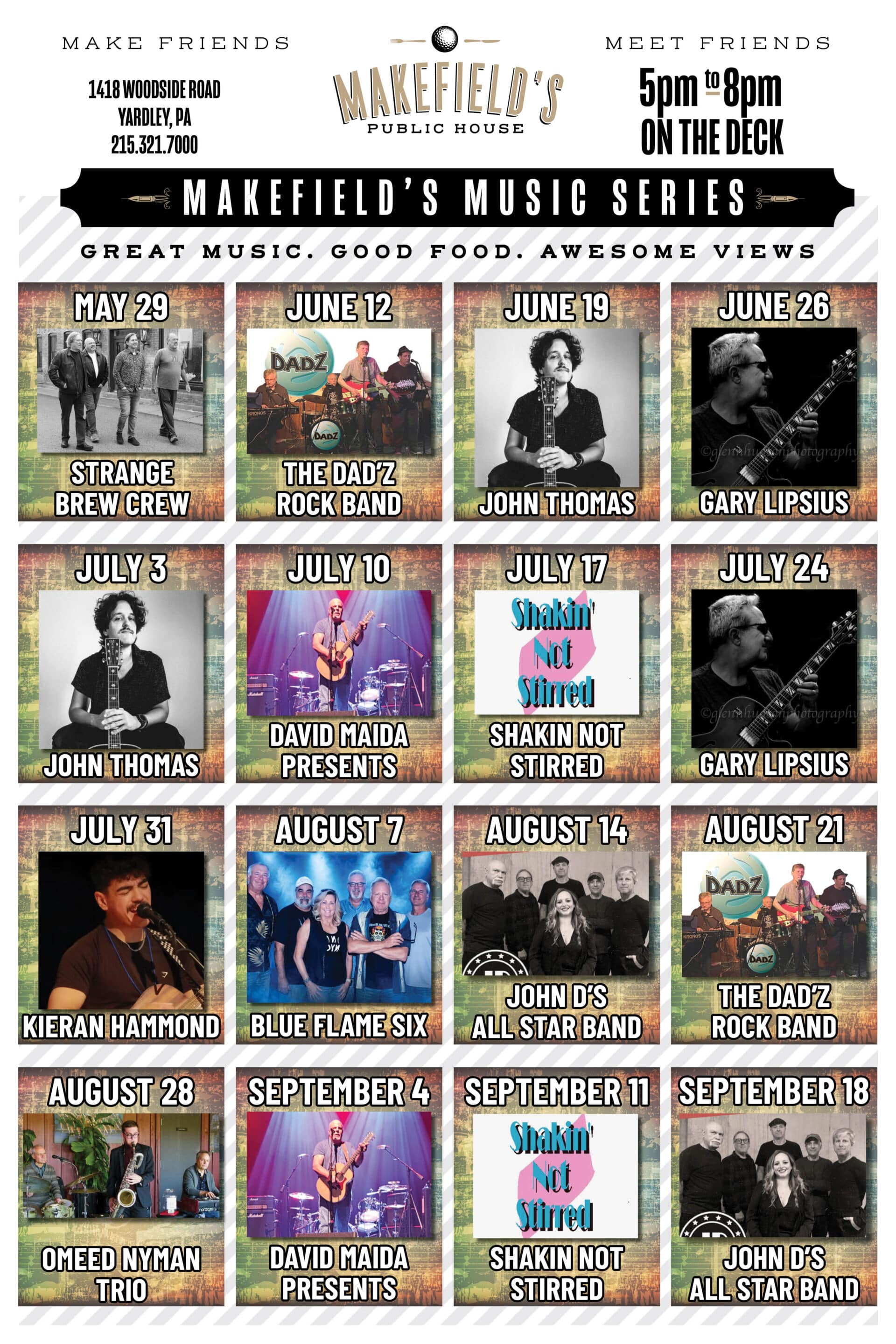 Poster for Makefield's Music Series listing band lineups by date (May 29 through September 18) with names such as Strange Brew Crew, The Dad'z Rock Band, John Thomas, and Gary Lipsius.