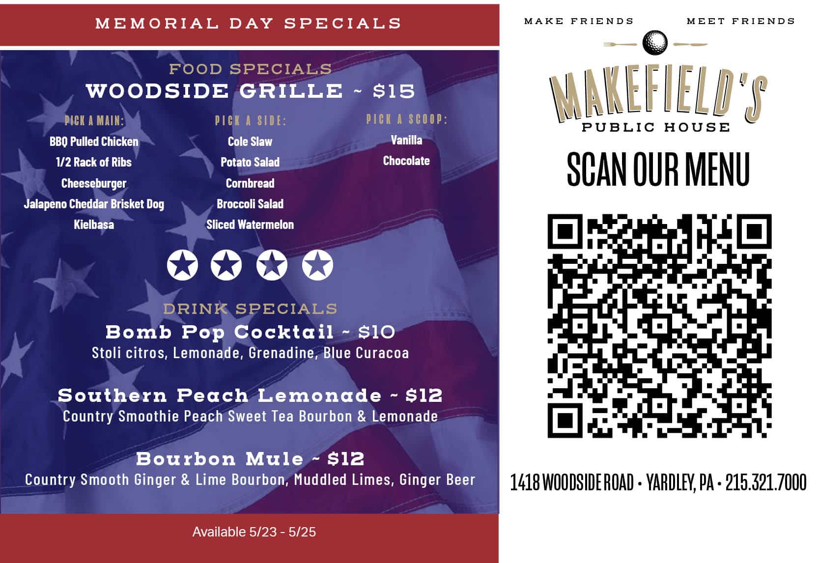 ThisWeeksSpecial5.20.26 Promotional Memorial Day menu poster with food and drink specials on a blue flag background, plus a QR code to scan the menu.
